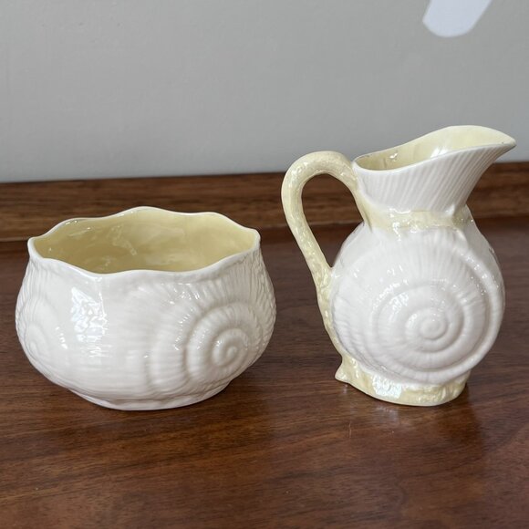 Vintage Belleek Seashell Nautilus Lustre Creamer & Sugar Bowl Green Mark Ireland - Picture 6 of 13